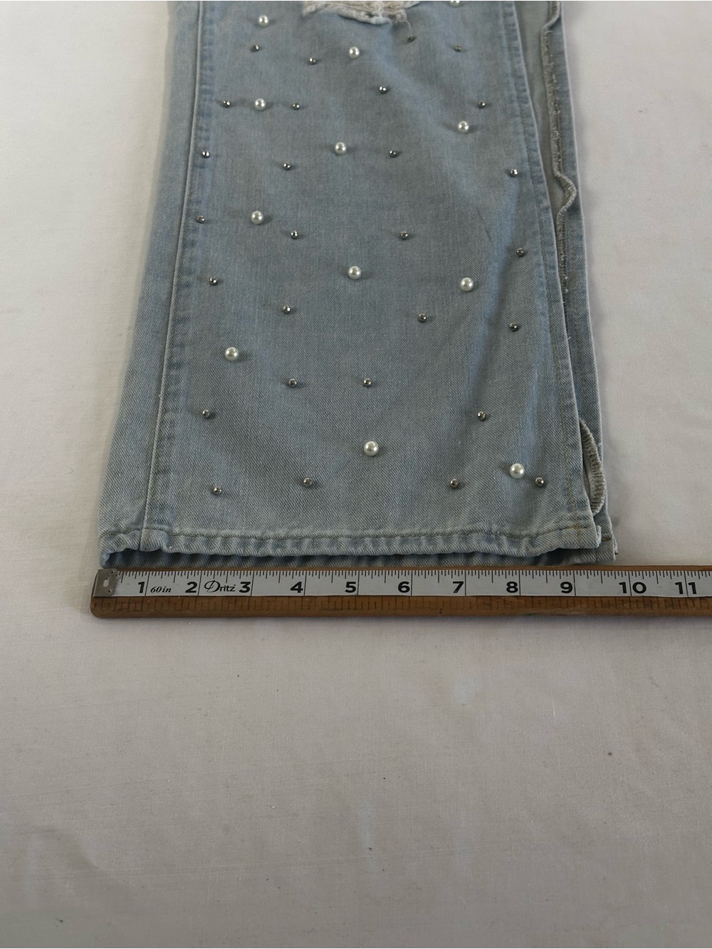 Y2K Pearl Studded Wide Leg Jeans Light Wash Distressed Split Hem Denim Pants - Picture 14 of 16